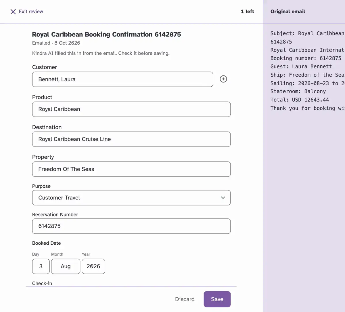 In Kindra AI: a forwarded Royal Caribbean confirmation read into a booking for the agent to check, then a Royal Caribbean statement with its $1,619.75 line matched to a booking, then that booking's commission split: $1,133.83 to the agent at 70%, $113.38 to the upline and $372.54 to the agency.